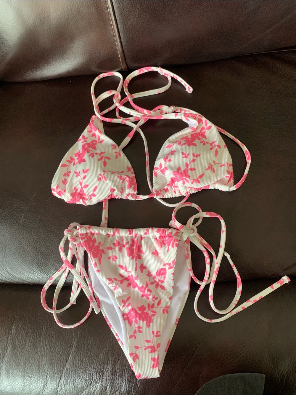 Women's Small Pink Floral Triangle Tie-String Bikini Beach Swim Resort Vacation